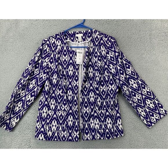 Chicos Ikat Open Blazer Jacket Women 1 Purple Geometric Padded Shoulder Suit NEW